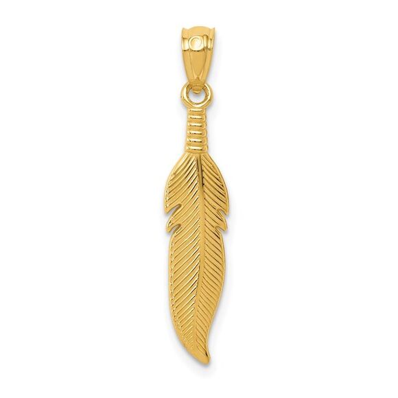 14k Yellow Gold Feather Pendant 5 x 29mm